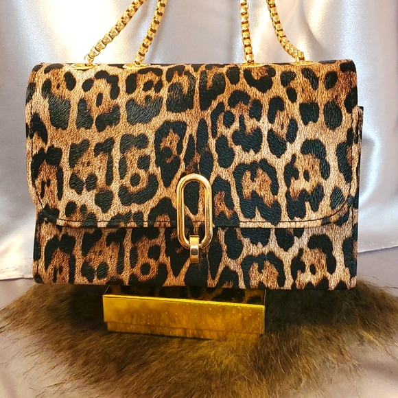 Leopard Print Vegan Leather Small Clutchbag with Goldtone Chain - Picture 1 of 12